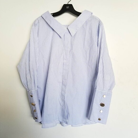 Bellenista Splicing Striped Button Oversized Shirt - Picture 3 of 13